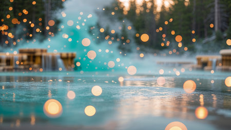 Relaxing in natural hot springs with glowing bokeh lights in a serene forest setting at sunsetの素材