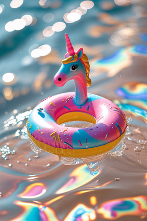 Colorful unicorn float sits in sparkling water on a sunny day by the poolの素材