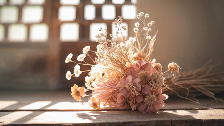 Soft illustration of dried flowers arranged beautifully on wooden surface against a sunlit windowの素材
