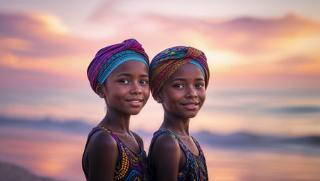 Two girls with colorful head wraps smile at sunset on a beach, showcasing joy and cultural heritageの素材