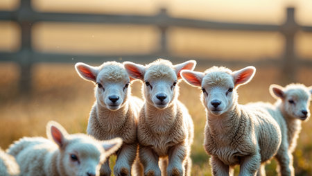 Young lambs playfully explore a sunlit pasture during early morning hours in the countrysideの素材
