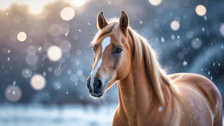 Beautiful golden horse stands in falling snow with blurred winter background in early morning lightの素材
