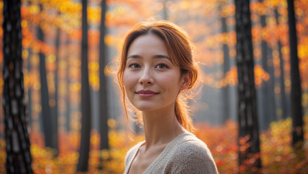 Woman enjoying a serene moment in a vibrant autumn forest during the golden hour of late afternoonの素材