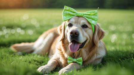 Happy golden retriever wearing green bows relaxing in a sunny grassy field during late afternoonの素材