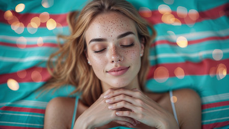 Young woman relaxing on a colorful blanket with bokeh lights in a tranquil setting, enjoying a peaceful moment outdoorsの素材