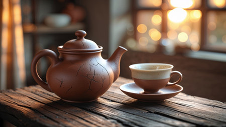 Warm afternoon tea with a rustic teapot and cup against a glowing backdrop in a cozy settingの素材