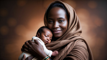 Mother holds newborn baby in loving embrace with soft lighting creating a warm atmosphereの素材