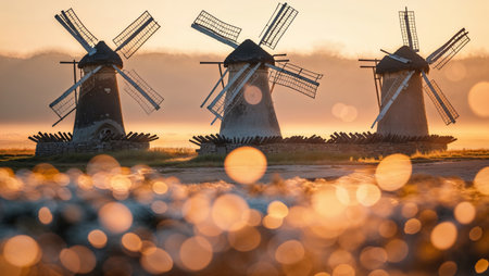 Majestic windmills stand against a golden sunrise in a tranquil landscape near a calm body of waterの素材