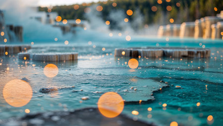 Natural thermal springs with vibrant colors and misty ambiance at dawn in a secluded locationの素材