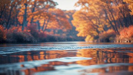 Calm autumn river with vibrant foliage reflecting on water in serene natural landscapeの素材