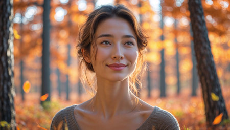 Young woman enjoying a peaceful moment among autumn trees with bright orange leaves in a serene forest settingの素材