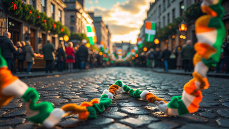 Cobblestone street decorated for cultural celebration during sunset with festive atmosphere and crowd enjoymentの素材