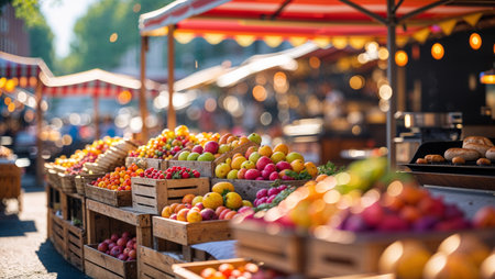 Vibrant farmers market brimming with fresh fruits and vegetables in a bustling outdoor setting during a sunny dayの素材