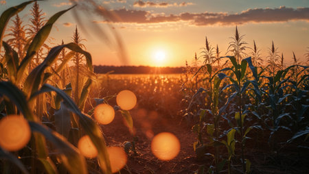 Golden sunset over a cornfield surrounded by lush crops and glowing reflections on waterの素材