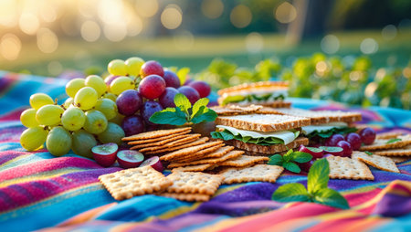 Refreshing picnic spread featuring crackers, grapes, and sandwiches in a sunny parkの素材