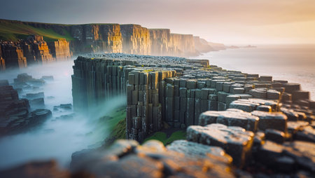 Stunning coastal cliffs at sunrise illuminating unique rock formations against a serene ocean backdropの素材