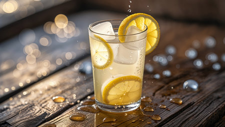 Refreshing lemonade drink with ice and lemon slices served on a wooden tableの素材