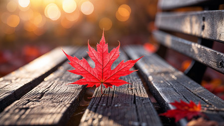 Bright red maple leaf resting on an old wooden bench in a park during autumn season at sunsetの素材