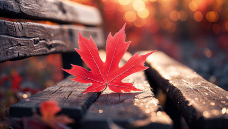 Vibrant red maple leaf resting on a wooden bench surrounded by autumn foliageの素材