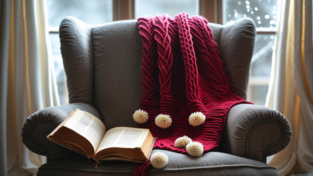 Cozy reading nook with a soft blanket and an open book beside a window during winterの素材