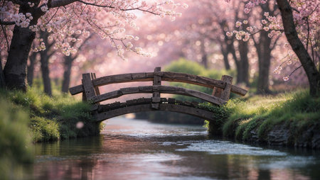 Wooden bridge surrounded by blooming cherry blossom trees in a serene landscape during springtimeの素材