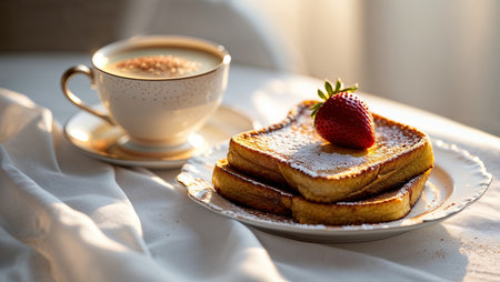 Delicious breakfast of French toast and coffee served with fresh strawberry in morning sunlightの素材