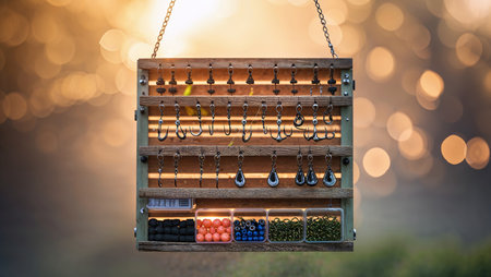 Display of fishing hooks and accessories in a natural setting with blurred background and warm lightingの素材