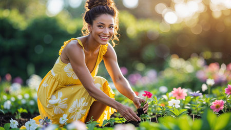 Woman in a yellow dress planting flowers in a vibrant garden during a sunny afternoonの素材