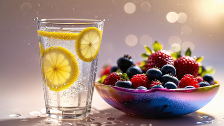 Refreshing lemon water with fresh berries on a vibrant background during a summer afternoonの素材