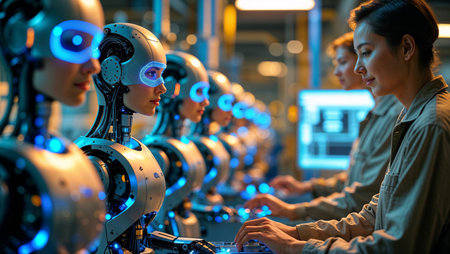 Engineers collaborate with humanoid robots in a high-tech laboratory during a workshop on artificial intelligenceの素材