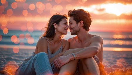 Couple shares a romantic moment on the beach during sunset while enjoying each others company in a serene atmosphereの素材