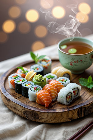Sushi platter with assorted rolls and warm green tea served in a decorative cup during a cozy indoor settingの素材
