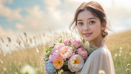 Young woman smiles while holding a bouquet of fresh flowers in a sunny meadow during golden hourの素材