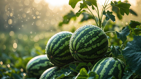 Watermelons growing in a sunny field with droplets and bokeh effect during golden hourの素材