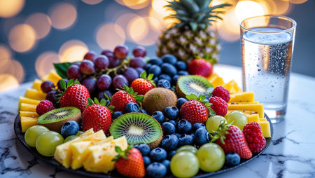 Colorful fruit platter with a variety of fresh fruits and a glass of water on a marble table in soft lightingの素材