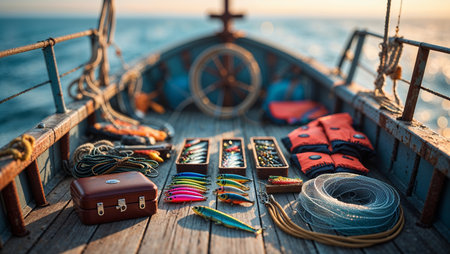 Fishing gear arranged on the deck of a boat during sunrise at a coastal location with calm watersの素材