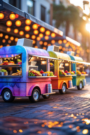 Colorful food trucks offer fresh produce and snacks in a vibrant market at sunsetの素材