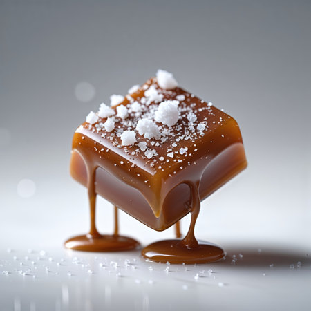 Delicious caramel dessert with a glossy finish and a sprinkle of sea salt on a reflective surfaceの素材