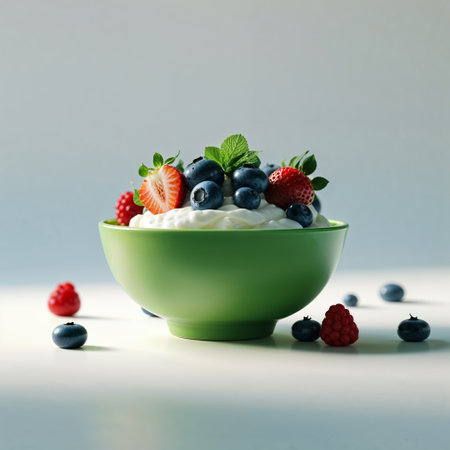 Creamy yogurt topped with fresh berries in a green bowl served on a light surfaceの素材