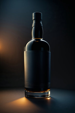 Dark and elegant whiskey bottle illuminated by soft lighting on a simple backdropの素材
