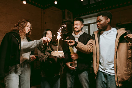Friends celebrate birthday with cake and sparklers in cozy indoor settingの写真素材