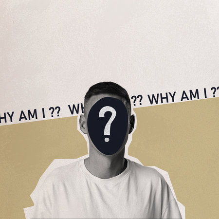 Person with a faceless design pondering existential questions in a creative art piece