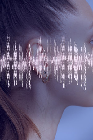 Sound wave visualization overlaid on the side profile of a woman with a ponytail in a serene settingの写真素材