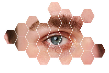 Eye close-up with hexagonal pattern overlay illustrating vision and perception in digital artの写真素材