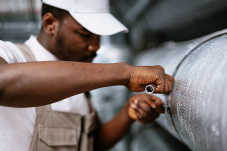 Skilled worker repairs industrial pipes in a factory during daytime work hoursの写真素材