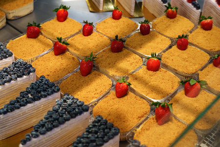 Delicious dessert display featuring strawberry and blueberry cakes in a bakeryの写真素材