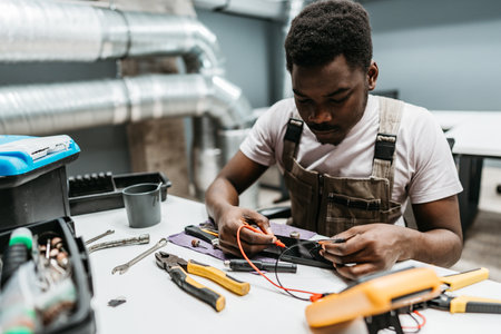 Young technician focuses on electrical wiring in a workshop during afternoon hoursの写真素材