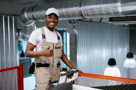 Skilled worker shares a smile while standing next to a toolbox in a modern workspace settingの写真素材
