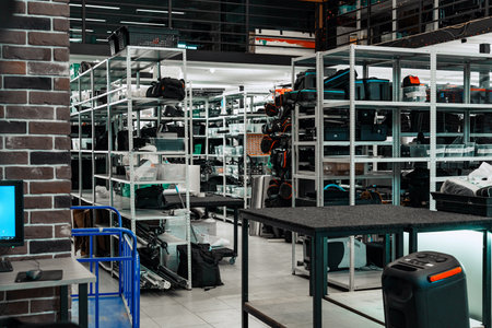 Warehouse filled with organized shelves of equipment and supplies in a bustling urban environmentの写真素材