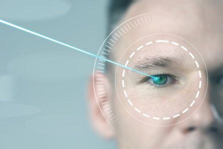 Focused light beam targeting human eye for advanced vision correction technology in a clinical settingの写真素材